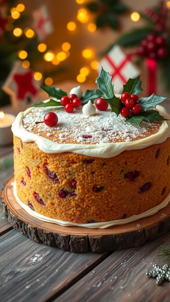 A traditional Christmas fruit cake with icing and decorations, set on a wooden table with holiday lights.